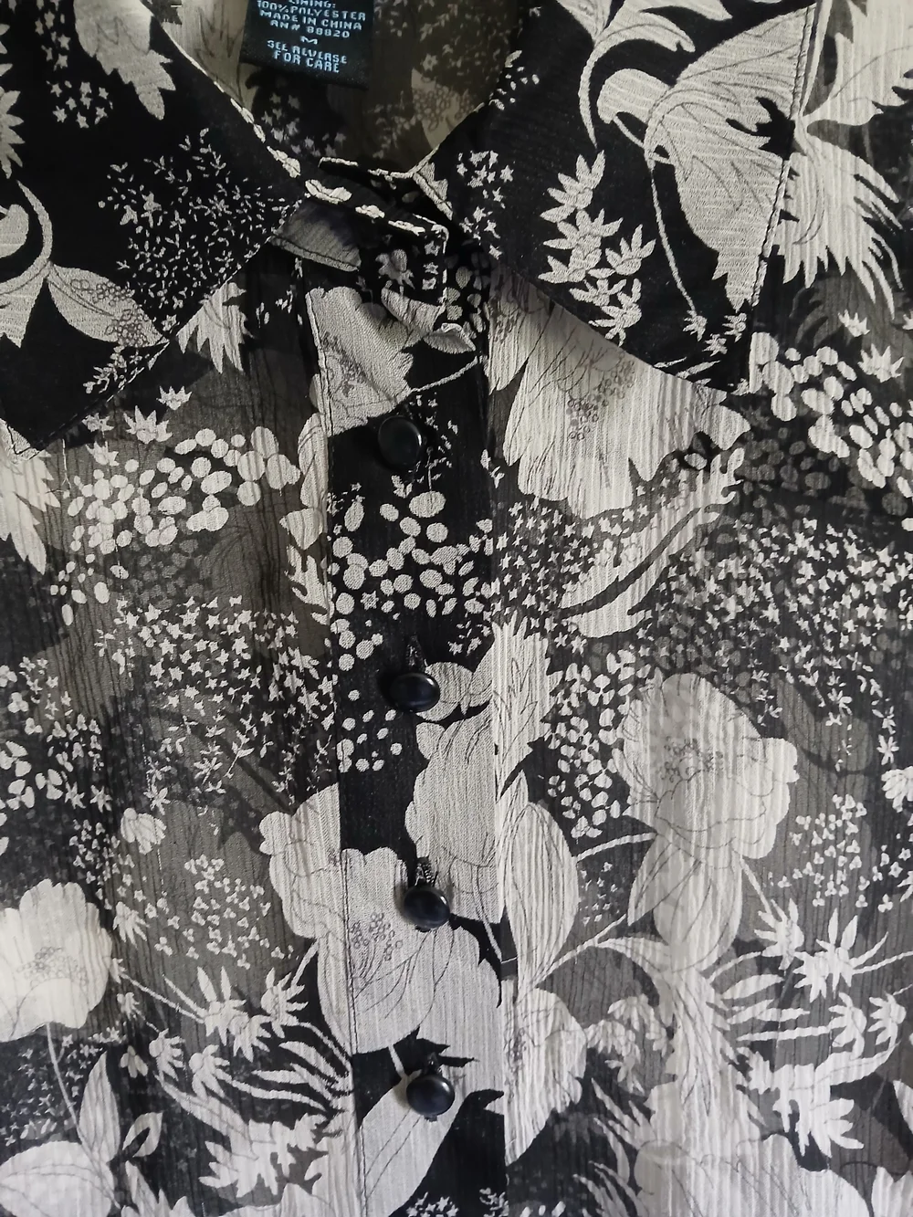 Sheer Black & White Floral Button-Up Blouse 100% Silk SzM Puff Sleeve